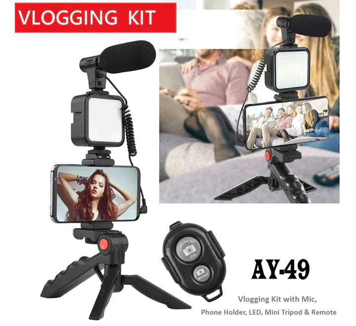 ALL IN ONE AY-49 Vlogging Video Making Kit for Live Streaming Vlogging Self-Portrait Photography, Video Making kit, with stand,Led Light, Mobile Holder.